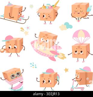 Parcel box characters. Funny cardboard boxes different poses and emotions. Packing with food and gifts, christmas donations. Parcels nowaday vector Stock Vector