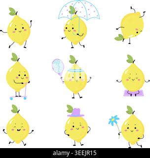 Lemon characters. Funny lemons different expression and poses. Adorable children mascots, juicy vitamin food. Citrus fruits training, walking, nowaday Stock Vector