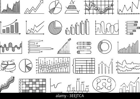 Doodle business diagrams. Different banking, financial infographics elements. Hand drawn analytics charts, round pie, blocks, line graphs, neoteric Stock Vector