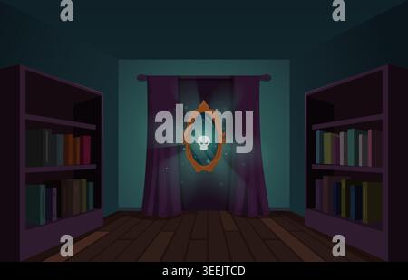 Halloween mirror. Horrible face in magic mirror on wall behind opened curtains. Library or cabinet of wizard or witch, book shelves. Scary reflection Stock Vector