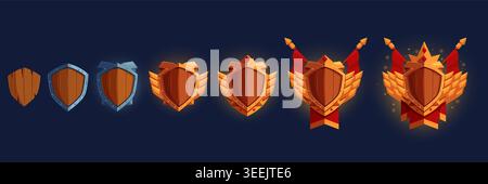 Shield game ranking badges. Play shields achievements with crown, gems, flags, velvet ribbons. Wooden, silver, metal, golden award pins, sapid vector Stock Vector