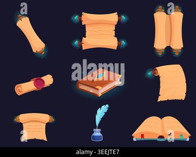 Cartoon magic scrolls. Ancient parchment scroll, pen feather and wizard books, manuscripts. Ui ux game icons, fantasy rpg play elements, library Stock Vector