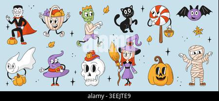 Funny retro halloween characters. Autumn festival cartoon vampire, zombie, mummy, skull and ghost. Horrible mascots, little witch and pumpkin Stock Vector