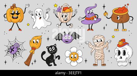 Halloween groovy characters. Funny pumpkin, witch cauldron, mummy, black cat. Broom character, angry chamomile and ghost, neoteric vector clipart Stock Vector