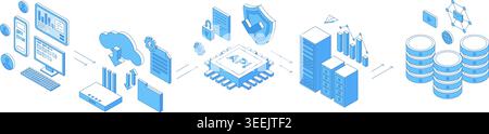 Isometric api connection concept. Modern work network, cloud and service storages. Database, application programming interface, program coding, nifty Stock Vector