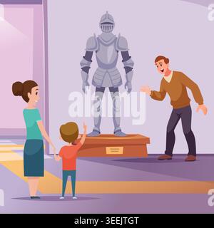 People in museum. knight steel armor on exhibition. vector background Stock Vector