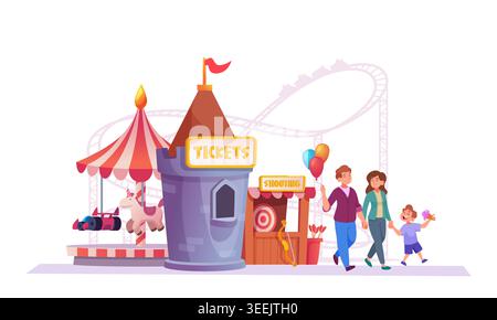 Amusement park. background cartoon illustration with happy family in amusement park Stock Vector