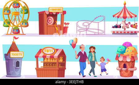 Entertainment park. Happy kids on roller coaster exact vector family with positive emotions Stock Vector