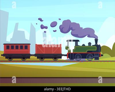 Steam train. horizontal landscape with old style train. vector cartoon background Stock Vector