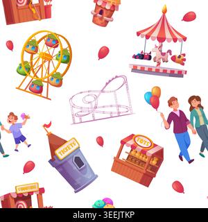 Amusement park pattern. seamless background with happy people in amusement entertainment park Stock Vector