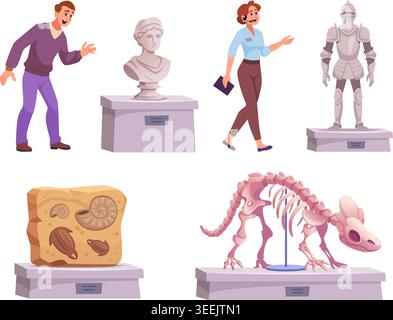 Museum. Characters on historical museum exhibition exact vector cartoon template set Stock Vector