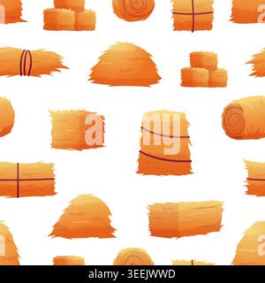 Cartoon haystacks seamless pattern. Hays in rolls and cubes, different stacks dry grass. Harvest time, agriculture elements. Print for fabric, vector Stock Vector
