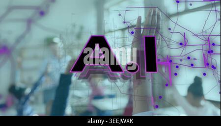 Showing large AI graphic in class, with purple circuits, hands up, students in hoodies Stock Photo