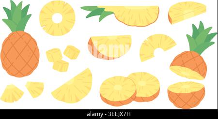 Cartoon pineapple fruits. Fresh pineapples slices, cubes and half fruit. Exotic tropical fresh food for diet, vitamin raw product. Juicy nutrition Stock Vector