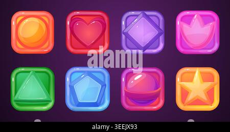 Candy ui icons. Bright candies ui ux web interface elements, juicy buttons. Smartphone, tablet application icon, lollipop play symbol. User panel Stock Vector