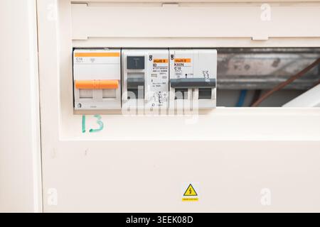 Circuit breakers on a white electric panel ensuring household electricity safety Stock Photo