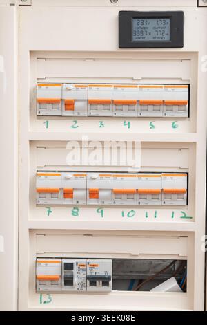 Electrical panel with circuit breakers, managing power distribution in a building Stock Photo