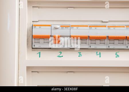 Circuit breakers providing safety and power distribution inside an electrical panel Stock Photo