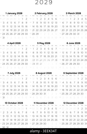 Professional 2029 Annual Calendar Template A4 Minimalist Full Year Planner for Corporate Scheduling and Project Timeline Stock Vector