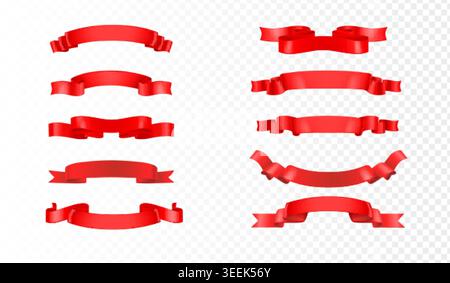 Realistic red ribbon banners. 3d ribbons sale vintage banner, silk tape label flag headline curve emblem ad promotion design celebration isolated icon set exact vector illustration original artwork Stock Vector