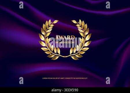 Golden laurel curtain. Realistic gold laurel crown on curtains background, awards ceremony winner nomination trophy prize wreath vip logo icon design 3d exact vector illustration original artwork Stock Vector