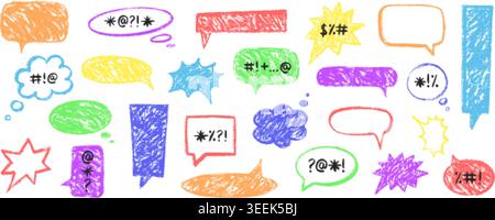 Crayon speech bubbles. Dialog hand drawn chat bubble, balloon text frame message box cloud talk conversation doodle pencil scribble sketch dialogue qualitative vector illustration original artwork Stock Vector