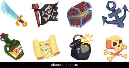 Pirate game icons. Pirates treasure map adventure gaming, cartoon 3d ui objects gold chest sword anchor skull flag old ship cannon compass caribbean set classy vector illustration original artwork Stock Vector