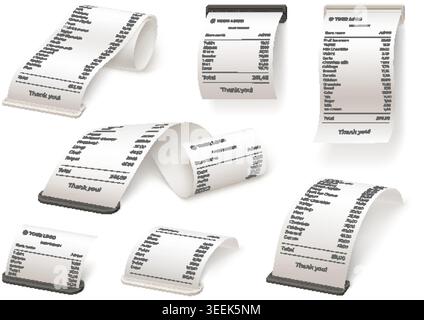 Purchase receipt slot. Realistic paper bill from pos terminal slots, atm check slip ticket tax order payment cash pay restaurant pos print 3d cheque set garish vector illustration original artwork Stock Vector