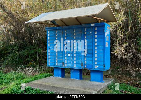 A large blue outdoor cluster mailbox with a metal canopy roof standing on a concrete pad by rural overgrown green bushes. Stock Photo