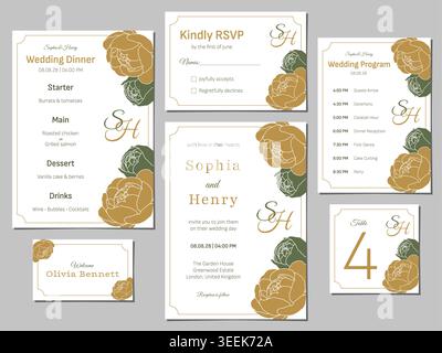 Editable vector wedding stationery bundle in an elegant minimalist style. Includes invitation, RSVP card, menu, wedding program, place card and table Stock Vector