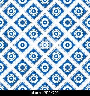 Seamless vector pattern with blue floral tiles arranged in diamond grid. Classic ornamental repeat inspired by ceramic tiles for textile and decor. Stock Vector