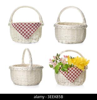 Wicker basket with flowers and cloth isolated on white, collage Stock Photo