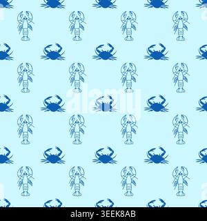 Seamless vector pattern with lobster and crab icons arranged in rows on light blue background. Minimal marine repeat design for textile and print. Stock Vector