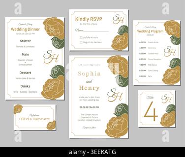Elegant wedding stationery set invitation RSVP card menu program place card table number floral gold green template Stock Vector