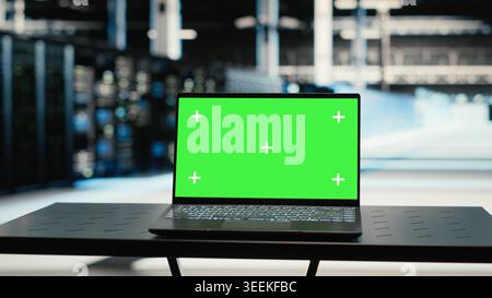 Green screen mockup laptop in data center uses to upgrade infrastructure rigs. Chroma key isolated screen notebook in empty server hub used to adjust system parameters Stock Photo