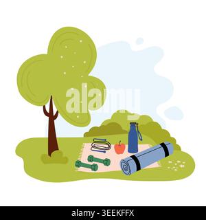 Workout on lawn. Sports equipment on mat on green grass. Flat vector illustration for fitness routine, exercise, healthy lifestyle Stock Vector