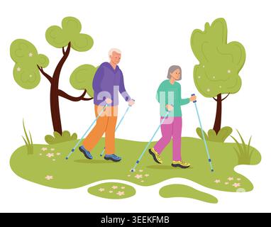 Elderly couple walking in park Nordic walking in comfortable sportswear. Vector illustration for active aging, senior fitness. Stock Vector