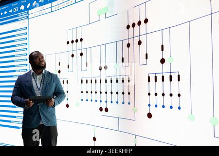 RD technician reviews PCB layout using tablet and digital wall to look at diagram. African american man analyzing integrated circuit board schematics for electronic device manufacturing Stock Photo