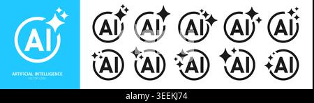 AI sparkle icon set. Artificial intelligence star symbols, magic glitter effects, starburst signs. Round frames symbols ai. Machine learning symbols UI UX and app tech design simple vector elements Stock Vector