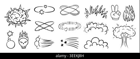Comic cartoon effect collection. Doodle explosions, emotion signs, skull, bomb, nuclear explosion, dizzy art. Cute sketch anime expression strokes and motion energy icons. Vector illustration set Stock Vector