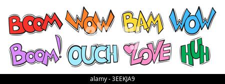 Text for comic book speech pop chat bubbles. Set of comic speech bubbles text, comic wording sound effects design, comic book. Creative retro pop art book oops, wow, boom balloons funny slang phrases Stock Vector