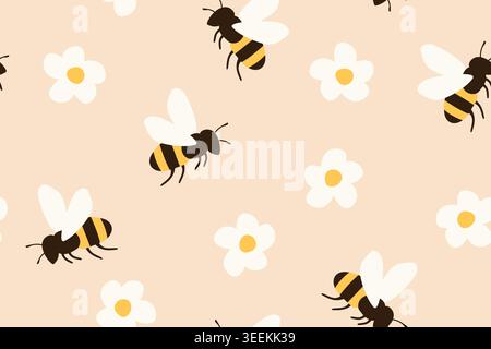 bees and daisy flowers seamless pattern, cute repeating spring background, floral nature textile design for fabric, wallpaper and wrapping paper - vec Stock Vector