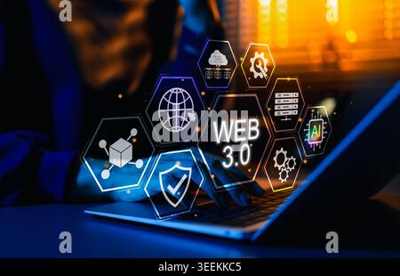 Web 3.0 Blockchain Technology and Decentralized Internet Concept. Person using laptop with blockchain, AI, cloud, smart contract, server, security, Stock Photo