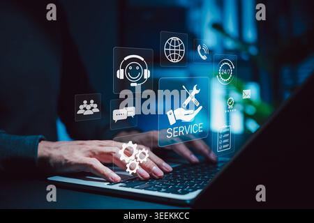 Customer service and technical support concept. Person using laptop with digital icons of 24/7 assistance, call center, workflow, and maintenance tool Stock Photo