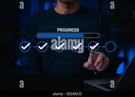 Progress checklist workflow and task completion tracking concept. Person selecting check mark steps with progress bar, project milestone, approval Stock Photo