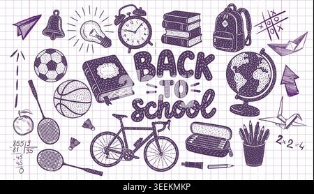 Back to school. Doodle hand drawn icons on notebook paper. Kids education. Pen sketch elements. College pattern. Children study. Science learn. Books Stock Vector