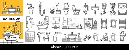 Bathroom toilet restroom plumbing equipment. Washroom bath. Shower, bathtub, sink faucet hand washing, water closet, hygiene bidet, heater towel icon Stock Vector