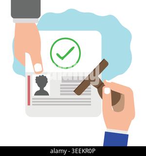 Flat vector illustration of identity verification featuring an approved ID card, validation stamp, and secure authentication process concept. Stock Vector