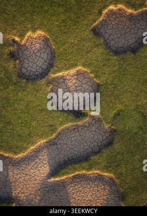 Aerial view of cracked mud patches on a green grassy field near Portmarnock Beach in warm golden light County Dublin, Ireland. Stock Photo