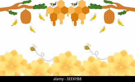 World Honey Bee Day. Bees fly near hive, honeycomb borders background. Traditional international holiday or festival. Greeting postcard design. Stock Vector